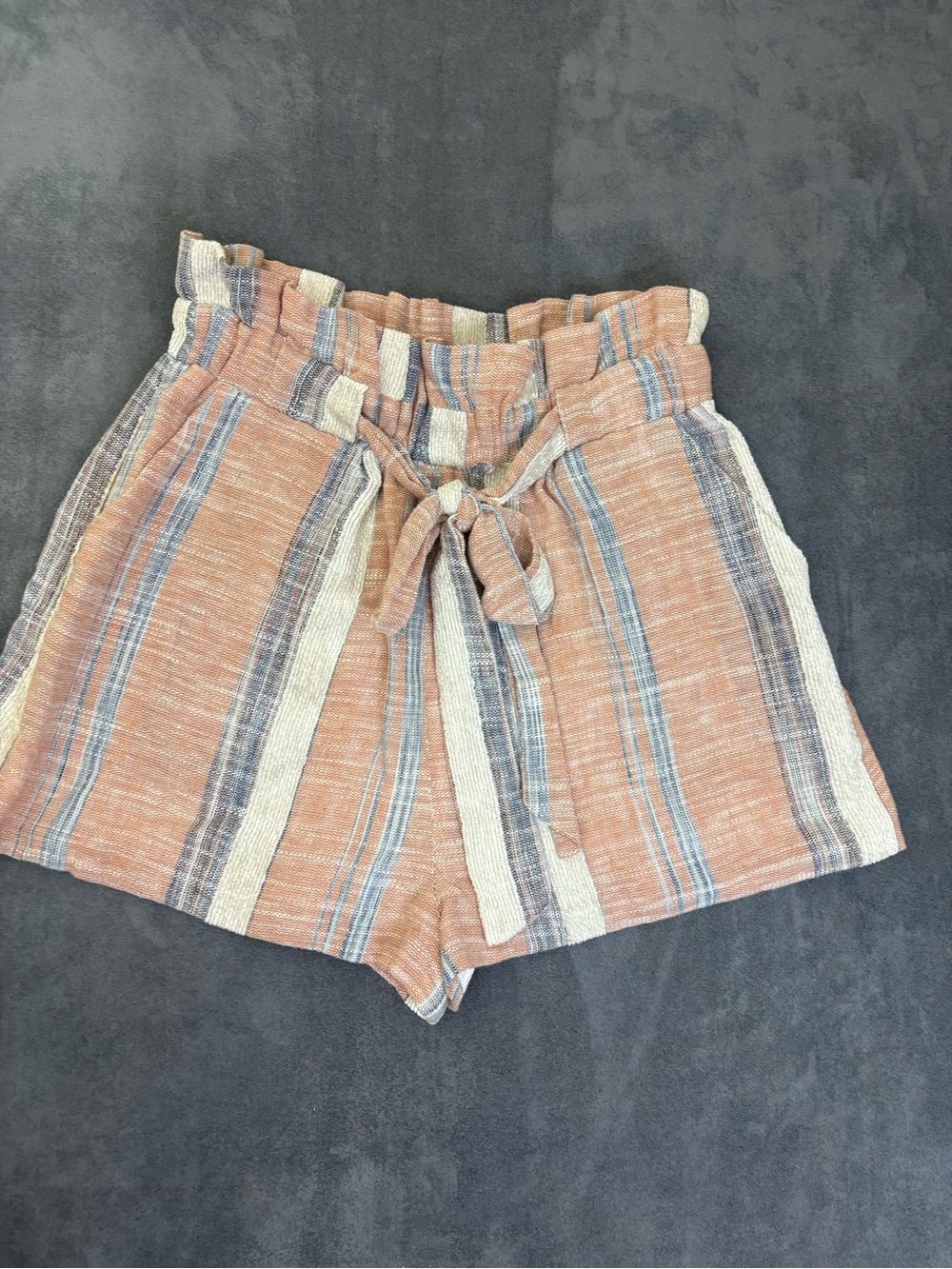 Hummingbird Striped Paperbag Waist Women’s lined Shorts - Peach Multi Sz S